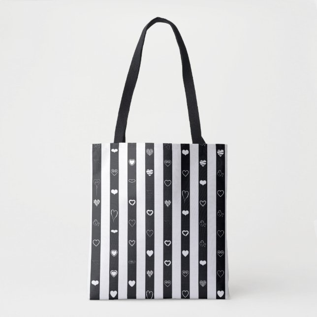 Bolsa Tote Preto White Stripes Moderno Padrão Cardíaco (Frente)