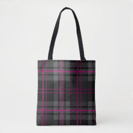 Bolsa Tote Preto Xadrez Impresso Plaid Escocês Cinza e Rosa