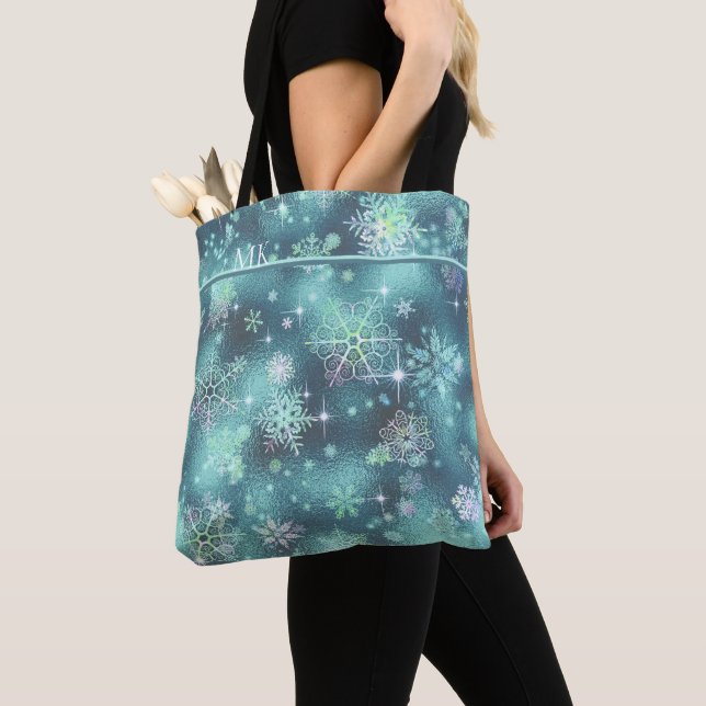 Bolsa Tote Prettiest Snowflakes, Teal ID846 (Close Up)