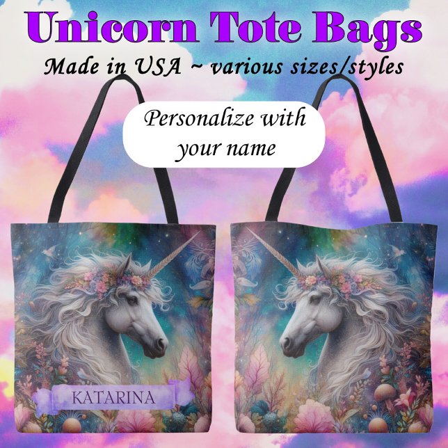 Bolsa Tote Pretty Floral Whimsical Unicorn Custom Name (Criador carregado)
