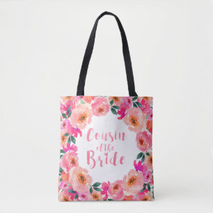 Bolsa Tote Prima da Noiva Rosa Floral Aquarela Casamento