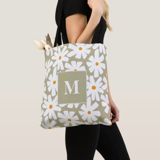Bolsa Tote Primavera daisies padrão retrógrado floral verde (Criador carregado)