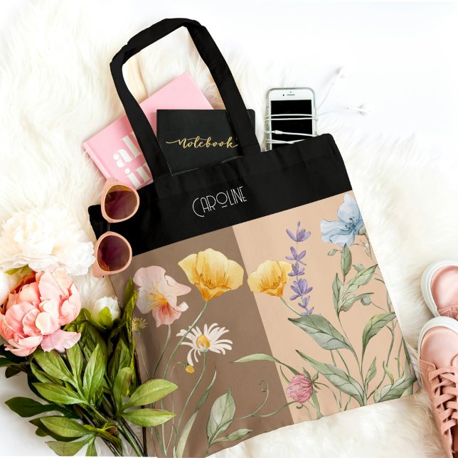 Bolsa Tote Primavera Floral preto elegante Trendy castanho-be (Criador carregado)