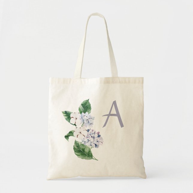 Bolsa Tote Primavera HYRDANGEA com letra personalizável (Frente)