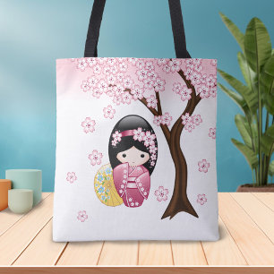 Bolsa Tote Primavera Kokeshi Doll - Garota japonesa giratóri