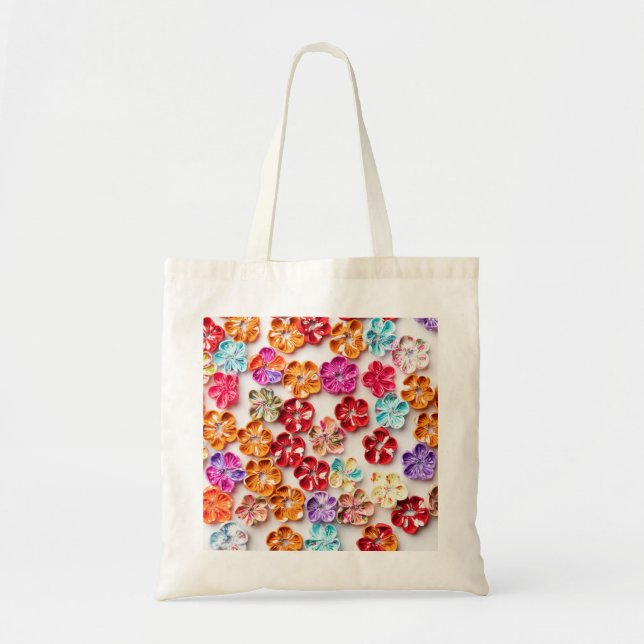 Bolsa Tote Primavera tecido com costura manual Flores multico (Frente)
