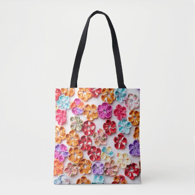Bolsa Tote Primavera tecido com costura manual Flores multico (Frente)
