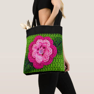 Bolsa Tote Primavera verde-verde-rosa-Impressão de crochê