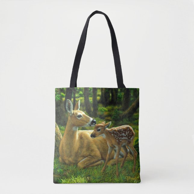 Bolsa Tote Primavera Whitetail Fawn e Madre Deer (Frente)