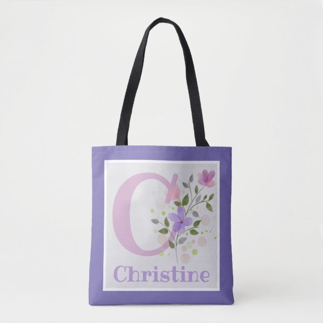 Bolsa Tote Primeira Inicial Mais Nome Christine com Flores (Frente)