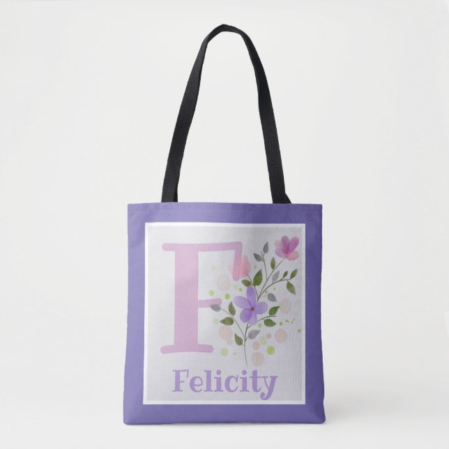Bolsa Tote Primeira Inicial Mais Nome Felicity com Flores (Frente)