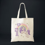 Bolsa Tote Primeiro Aniversário do Pôneo bonito<br><div class="desc">Primeiro Aniversário,  bonito pônei Appaloosa,  com mano e cauda roxos,  arco-íris,  margaridas brancas,  número 1,  para pequenos amantes de cavalos e vaquinhas.</div>