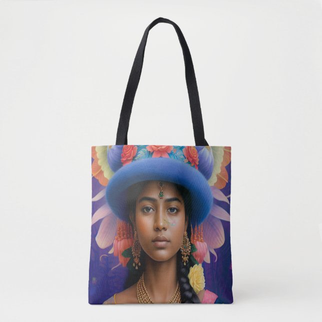 Bolsa Tote Princesa asiática com chapéu azul grande (Frente)