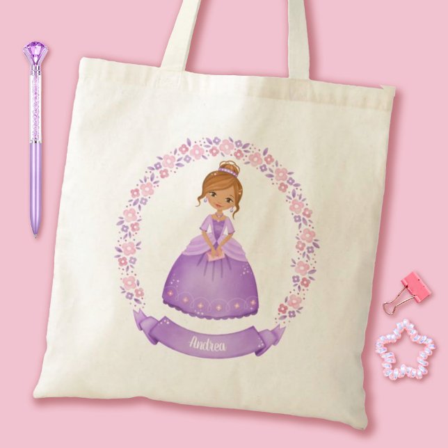 Bolsa Tote Princesa Garota (A cute purple princess girls tote bag. Personalize it with your girls name.)
