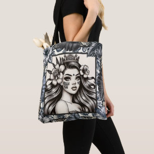 Bolsa Tote Princesa Polinésia Azul Floral Tribal
