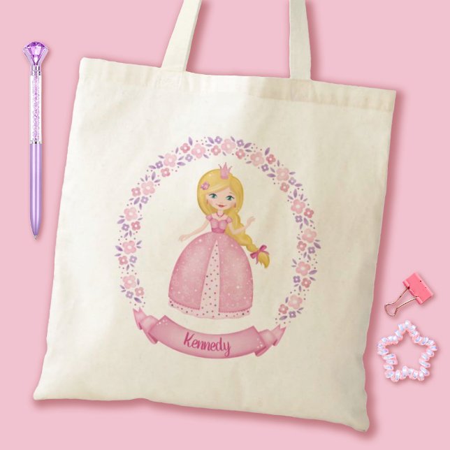 Bolsa Tote Princesa Rosa (A cute Pink Princess Tote bag. Personalize it with your girls name for a special gift.)