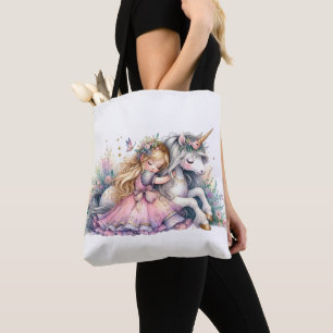 Bolsa Tote Princesa Unicórnio Pastel Conto de Fadas Fantasia