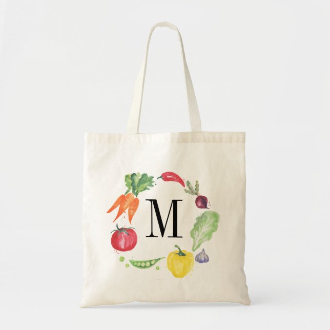 Bolsa Tote Produtos hortícolas frescos Monograma de aquarela (Frente)