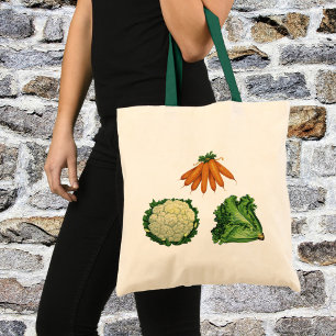 Bolsa Tote Produtos Hortícolas Vintage; Cenouras, Couve-flor,