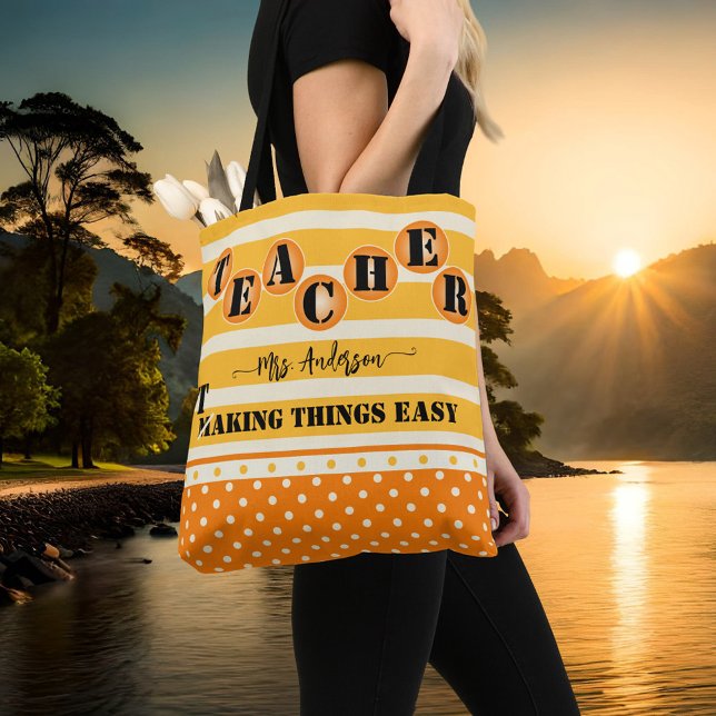 Bolsa Tote Professor de Bolinhas Engraçado Laranja Stripes (A cheerful and funny teacher tote bag featuring an orange ocher design with stripes and polka dots)