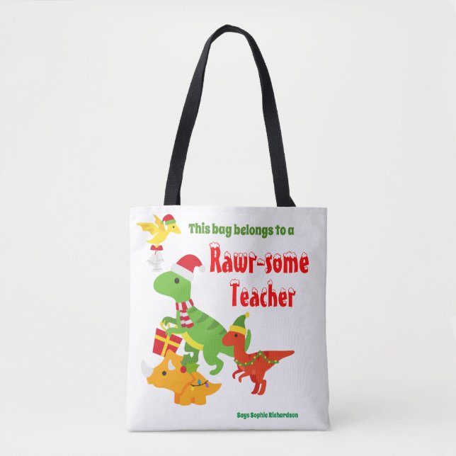 Bolsa Tote Professor de Natal Valorizando Crianças Dinossauro (Frente)