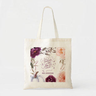 Bolsa Tote professor elegante floral rosa púrpura e giro