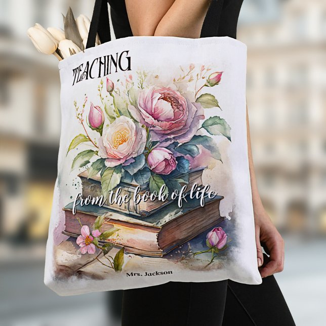 Bolsa Tote Professora Elegante de Livros de Aquarela (Tote bag featuring a fine art watercolor painting of books with roses - teacher - book club)