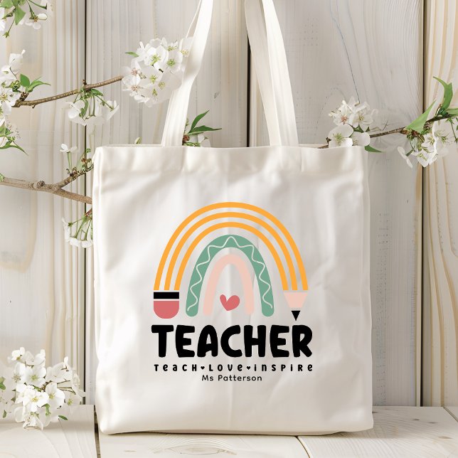 Bolsa Tote Professora Ensina Amor Inspire Arco-Íris Personali (Criador carregado)