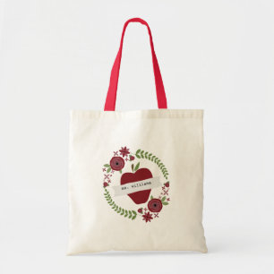 Bolsa Tote Professora Personalizada Floral Wreath Red Apple