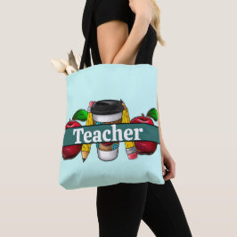 Bolsa Tote Professores de Maçãs e Lápis de Aqua e Teal