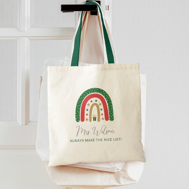 Bolsa Tote Professores de Natal Rainbow Nice List (Teachers Always Make The Nice List Rainbow Christmas Tote Bag)