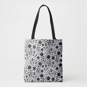 Bolsa Tote Protea Floral Impressão Millefleur preto branco
