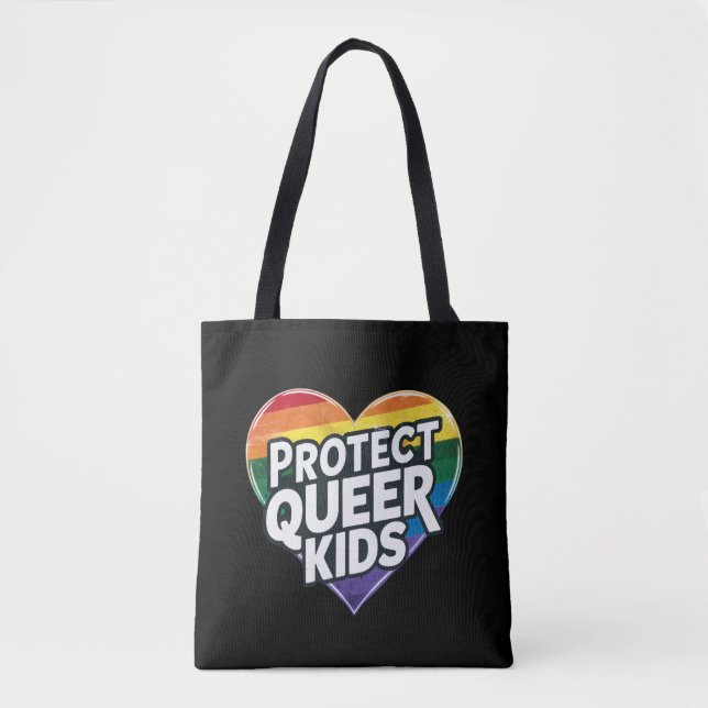 Bolsa Tote Proteja Crianças Queer  Coração Arco-Íris  Orgulho (Frente)