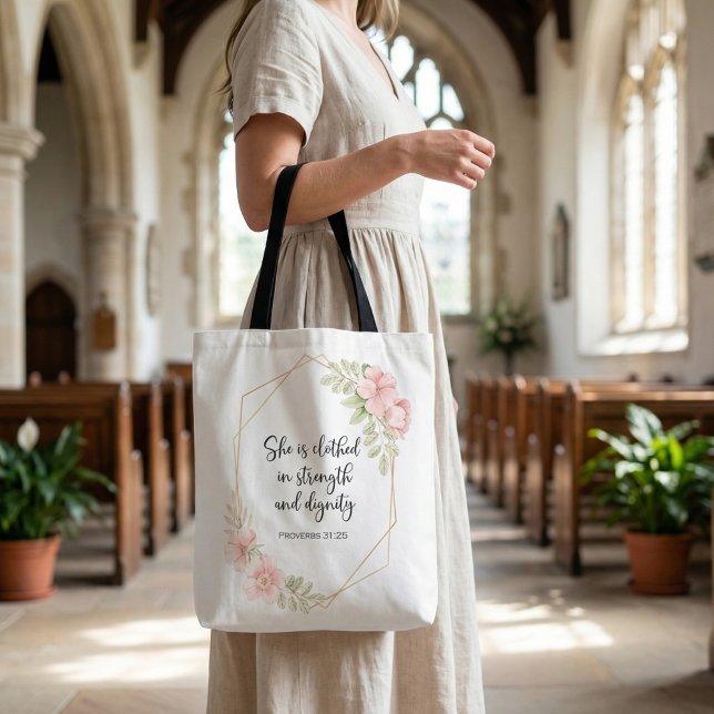 Bolsa Tote Provérbios 31:25 Força e Dignidade Floral (Criador carregado)