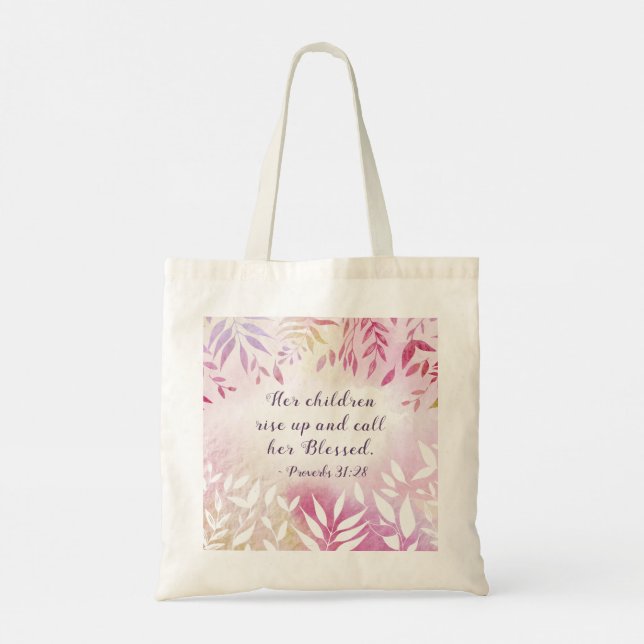 Bolsa Tote Proverbs 31:28 Crianças a chamam de Floral abençoa (Verso)