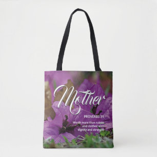 Bolsa Tote Proverbs Cristão dia de as mães 31 Floral Roxo