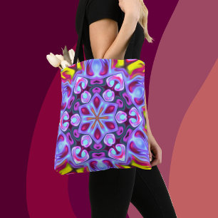 Bolsa Tote Psicodélica Azul Hippie Rosa e Amarelo