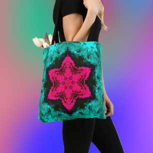 Bolsa Tote Psicodélica Flor Hipopótamo Rosa e Teal