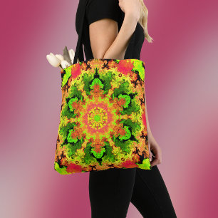 Bolsa Tote Psicodélico Flor de Hippie Verde Laranja e Vermel