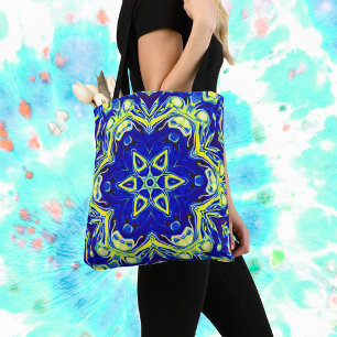 Bolsa Tote Psicodélico Flor de Mandala Azul e Amarelo