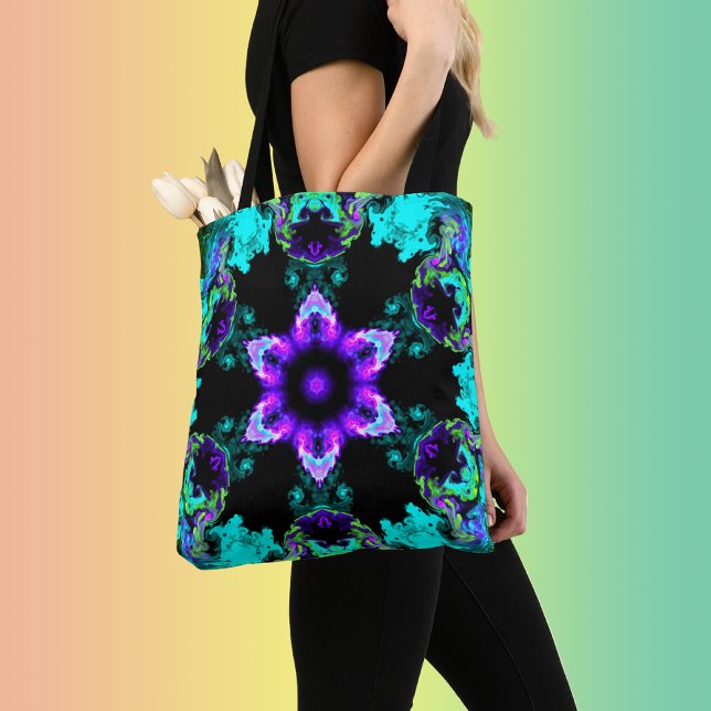 Bolsa Tote Psicodélico Flor Roxo Teal e Preto (Criador carregado)