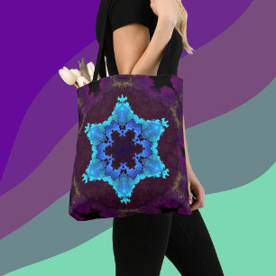 Bolsa Tote Psicodélico Mandala Flor Azul e Roxo