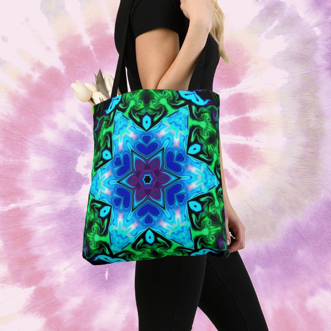 Bolsa Tote Psicodélico Mandala Flor Azul Roxo e Verde (Criador carregado)