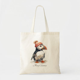 Bolsa Tote Puffim de Aguarela Natalino Estilo Costeiro de Com