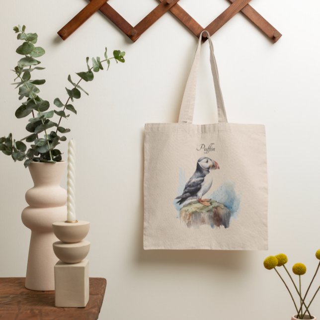 Bolsa Tote Puffin em Rock Watercolor, personalizado (Criador carregado)