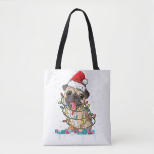 Bolsa Tote Pug Christmas Tree Lights Papais noeis Dog Xmas Gi