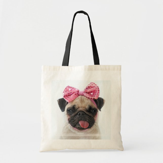 Bolsa Tote Pug com Arco rosa (Frente)