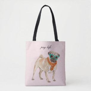 Bolsa Tote Pug Life Text Editable Hipster Pug with Glass (Col