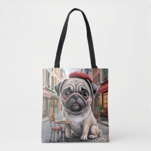 Bolsa Tote Pug Parisiense em Café na Calçada