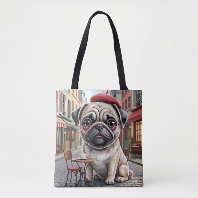 Bolsa Tote Pug Parisiense em Café na Calçada (Frente)